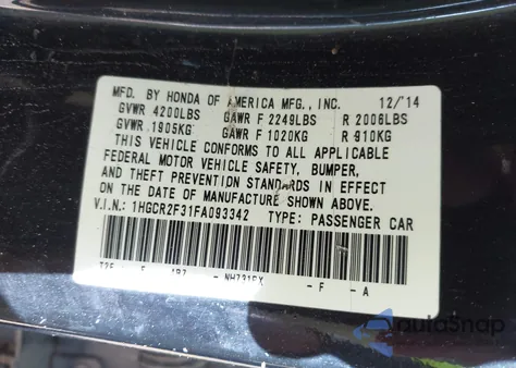 2015 Honda Accord Lx from USA, damaged, VIN 1HGCR2F31FA093342